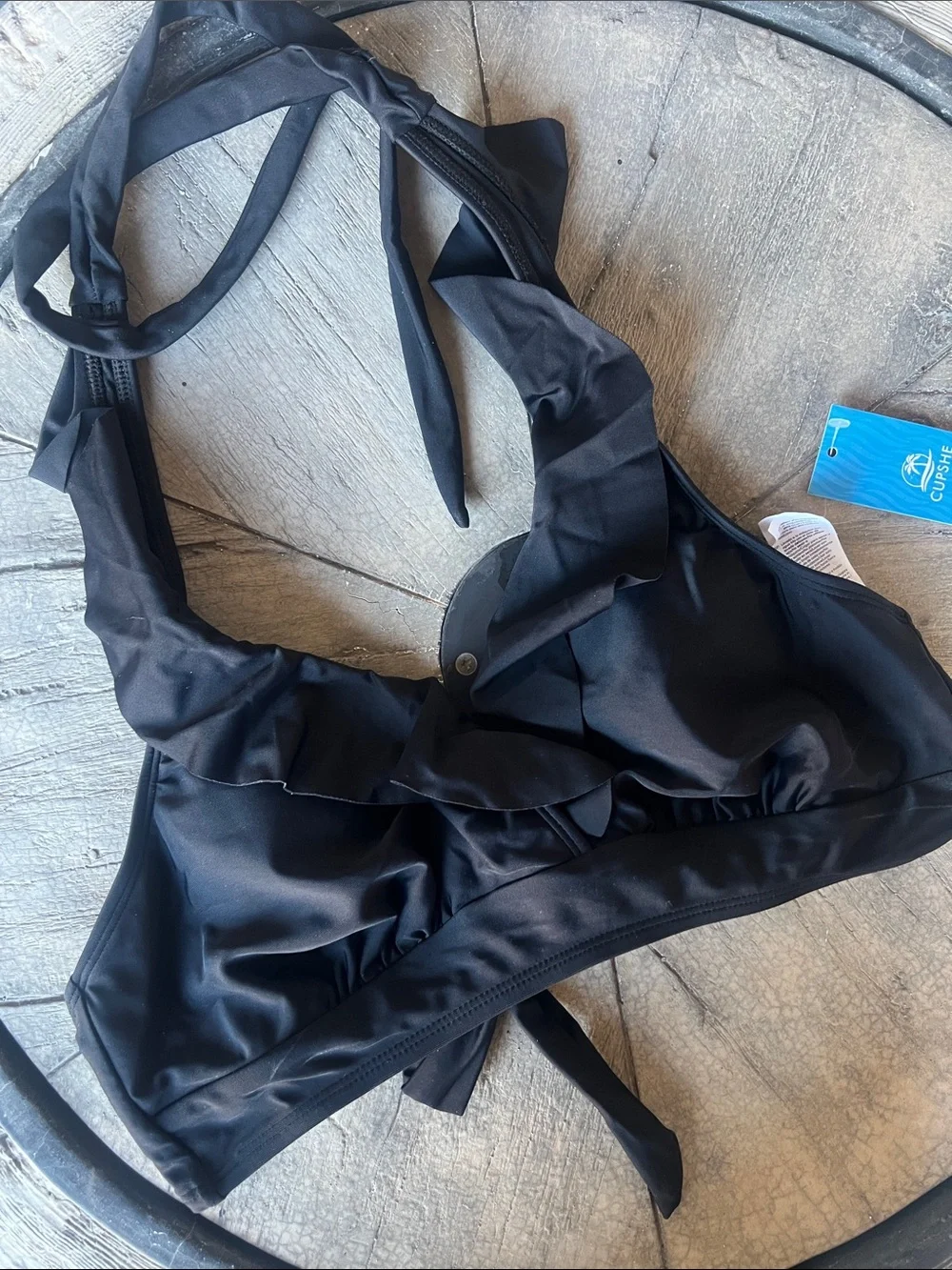 Cupshe Black Ruffle Halter Bandeau Swim Top medium B37